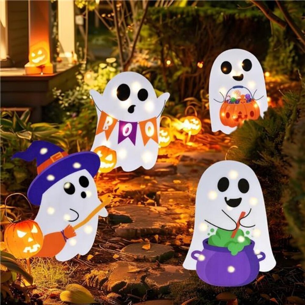 Lighted Cute Ghost Yard Signs, 4 Packs Halloween Decorations Outdoor Scary